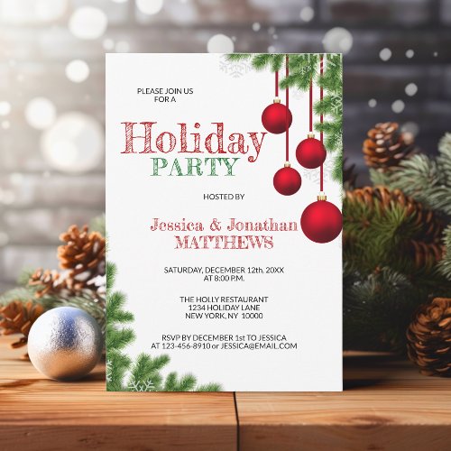 CHRISTMAS PARTY Red Green Ornament Pine Snow Invitation