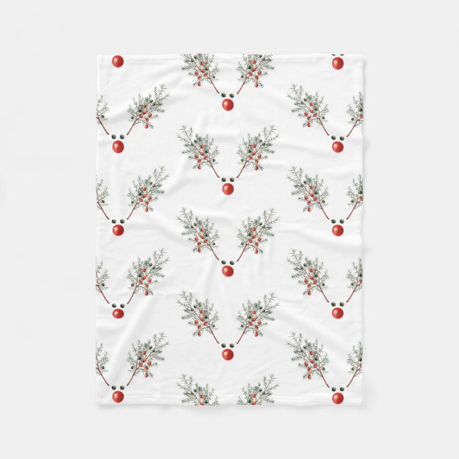 Christmas Party Red Nosed Deer Pine Berries  Fleece Blanket (Front)