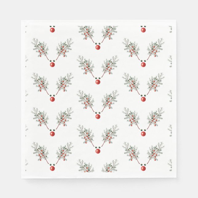 Christmas Party Red Nosed Reindeer Pine Berries Napkins (Front)