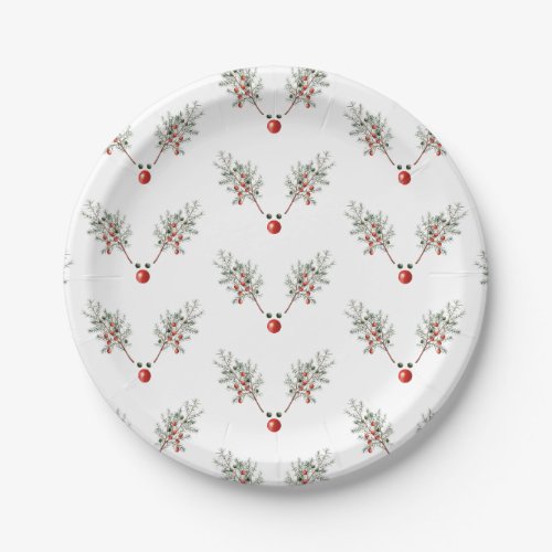 Christmas Party Red Nosed Reindeer Pine Berries Paper Plates