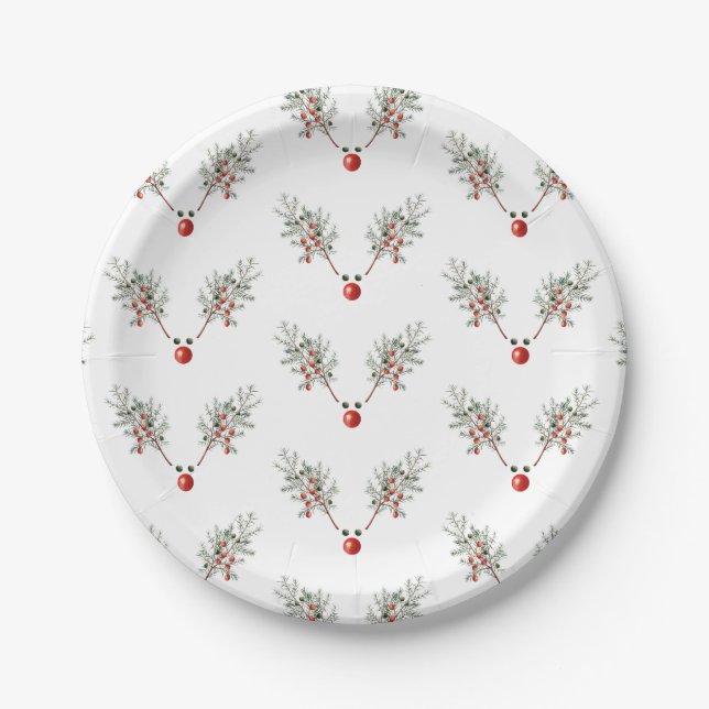 Christmas Party Red Nosed Reindeer Pine Berries Paper Plates (Front)