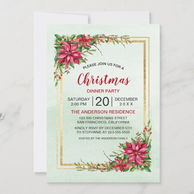 Christmas Party Red Poinsettia Floral Gold Frame (Front)