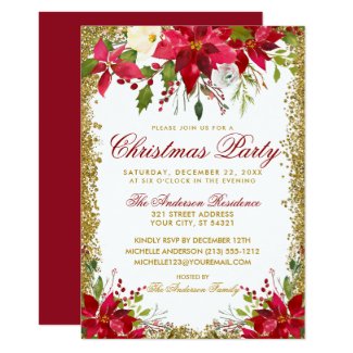 Christmas Party Red Poinsettia Floral Gold Glitter Invitation