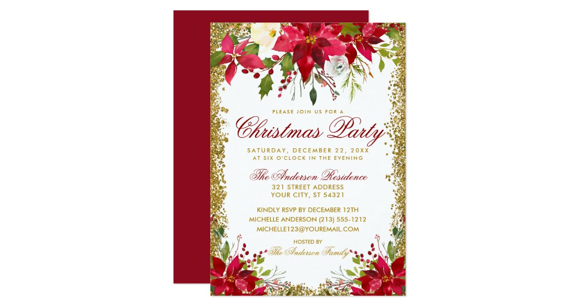 Christmas Party Red Poinsettia Floral Gold Glitter Invitation | Zazzle.com