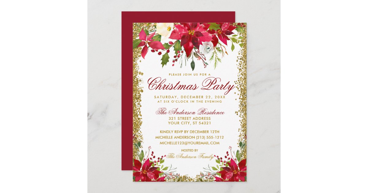Christmas Party Red Poinsettia Floral Gold Glitter Invitation | Zazzle
