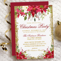 Christmas Party Red Poinsettia Floral Gold Glitter