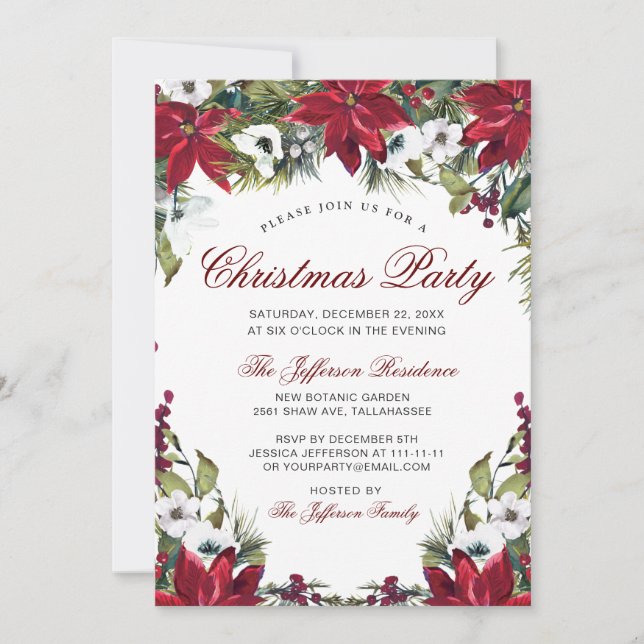 Christmas Party Red Poinsettia Floral Watercolor Invitation (Front)