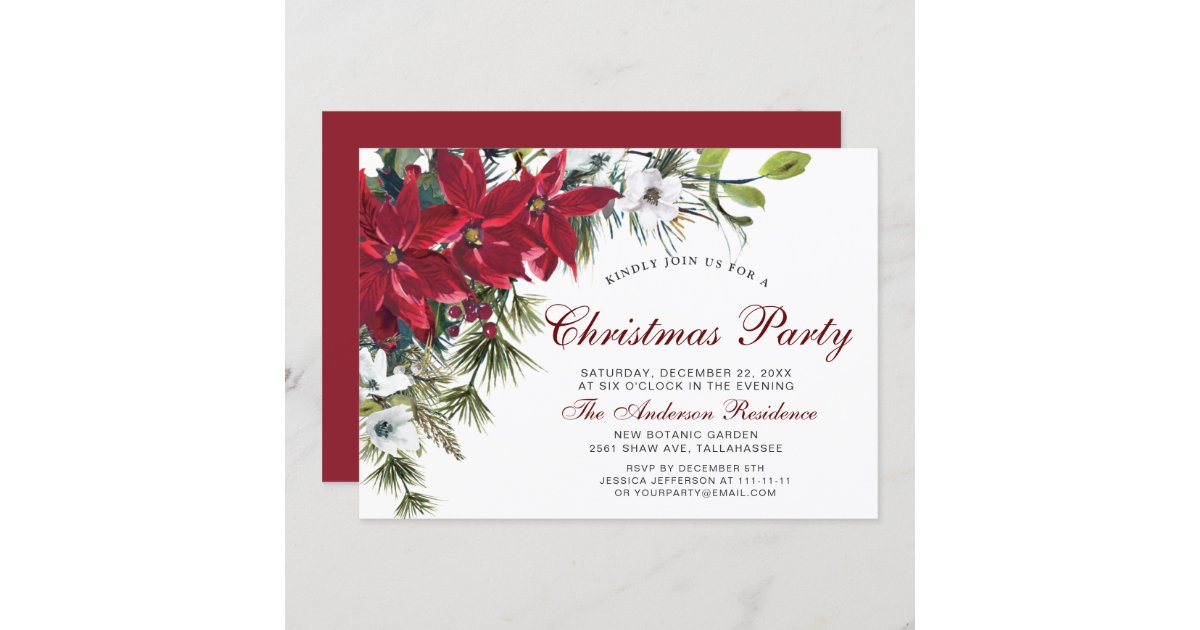 Christmas Party Red Poinsettia Floral Watercolor Invitation | Zazzle