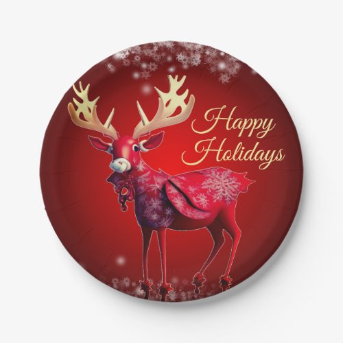 Christmas Party Red Reindeer Winter Holidays Paper Plates