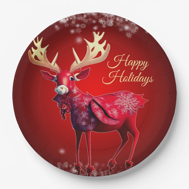 Christmas Party Red Reindeer Winter Holidays Paper Plates (Front)