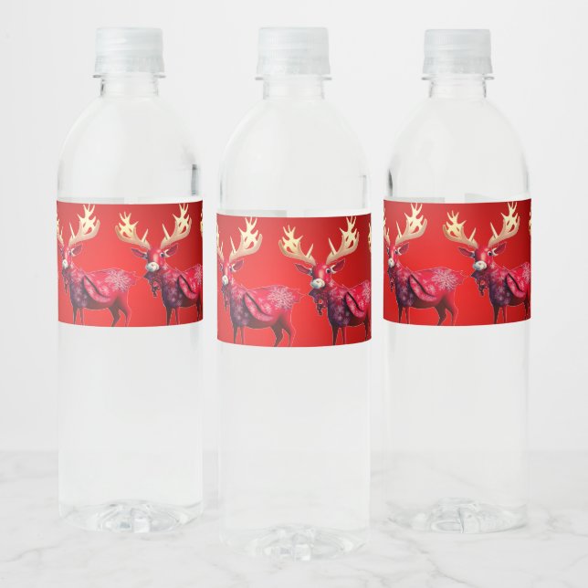 Christmas Party Red Reindeer Winter Holidays Water Bottle Label (Bottles)