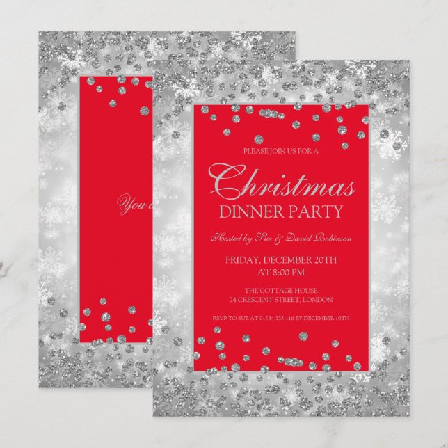 Christmas Party Red & Silver Glitter Winter Wonder Invitation (Front/Back)