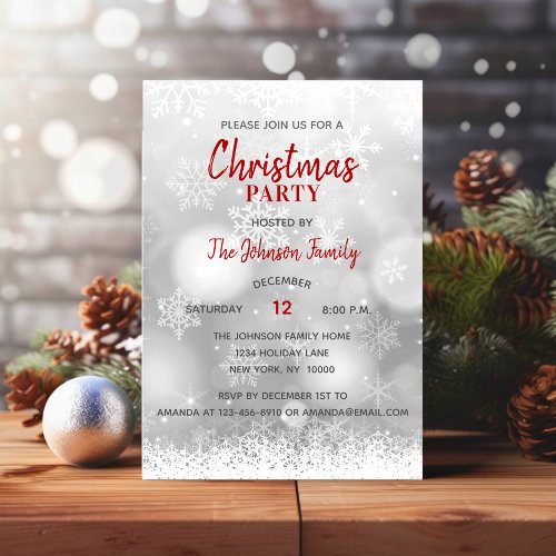 CHRISTMAS PARTY Red Silver Snowflakes Snow Invitation