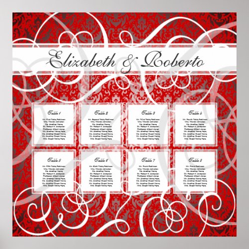 Christmas Party Red Swirls 8 Table Seating Chart