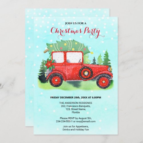 Christmas Party Red Truck Blue Winter  Invitation