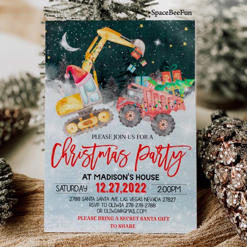 Christmas Party Red Truck Gift Construction Birthd Invitation