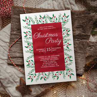 Christmas Party Red Watercolor Botanical Invitation