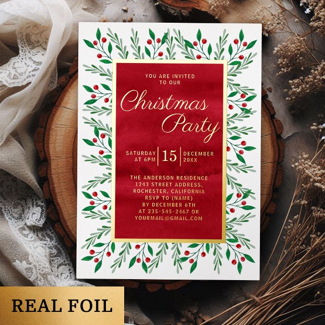 Christmas Party Red Watercolor Floral Foil Invitation (Creator Uploaded)