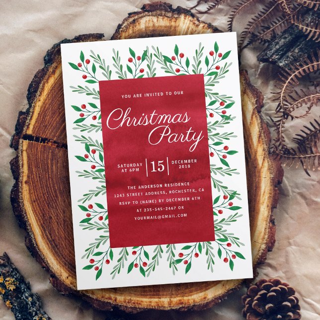 Christmas Party Red Watercolor Floral Invitation (Creator Uploaded)