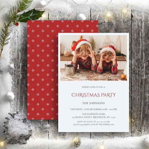 Christmas Party Red White One Photo Invitation