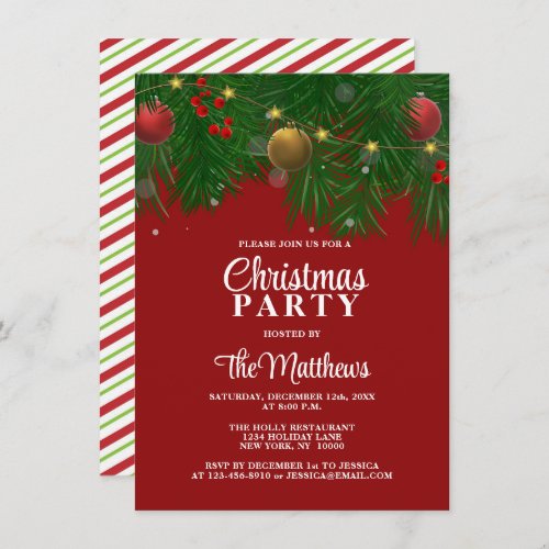 CHRISTMAS PARTY Red White Ornaments Pine Snow Invitation