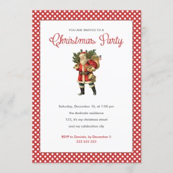 Christmas Party Red White Polka Dots Vintage Santa Invitation by red_dress at Zazzle