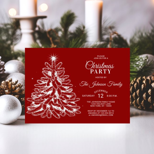 CHRISTMAS PARTY Red White Stars Pine Tree Invitation (CHRISTMAS PARTY Red White Stars Pine Tree Invitation)