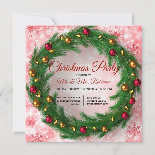 Christmas Party Red Winter Sparkle Festive Wreath Invitation