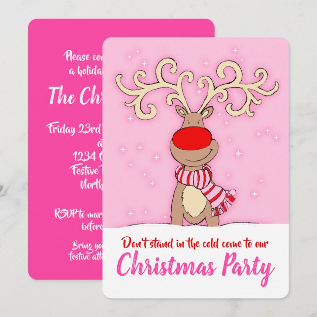Christmas party reindeer pink come in invitations (Front/Back)