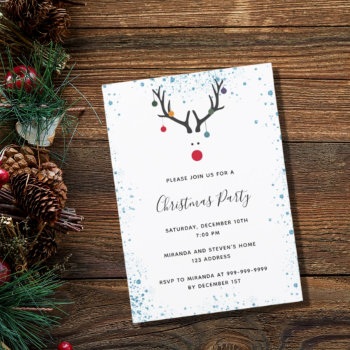 Christmas Party Reindeer Red Blue Fun Invitation by Nordic_designs at Zazzle