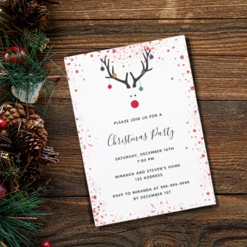 Christmas Party Reindeer Red White Fun Invitation by Nordic_designs at Zazzle