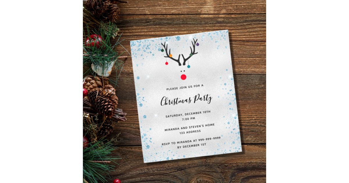 Christmas party reindeer silver budget invitation flyer | Zazzle