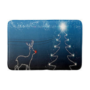 Christmas Party Reindeer Tree Blue Sky Shiny Stars Bath Mat