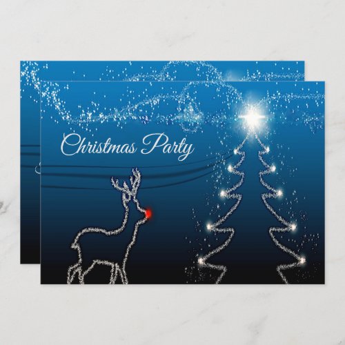 Christmas Party Reindeer Tree Blue Sky Shiny Stars Invitation