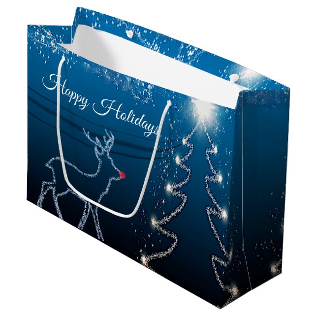 Christmas Party Reindeer Tree Blue Sky Shiny Stars Large Gift Bag (Front Angled)