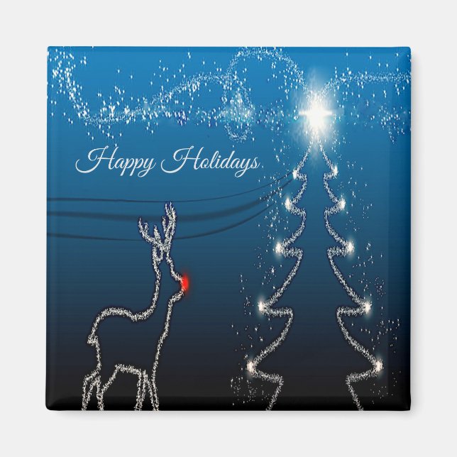 Christmas Party Reindeer Tree Blue Sky Shiny Stars Magnet (Front)