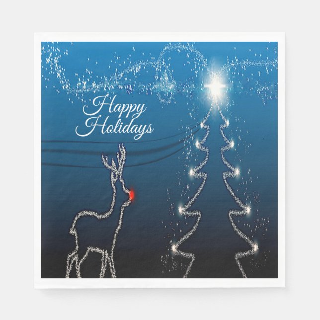 Christmas Party Reindeer Tree Blue Sky Shiny Stars Napkins (Front)
