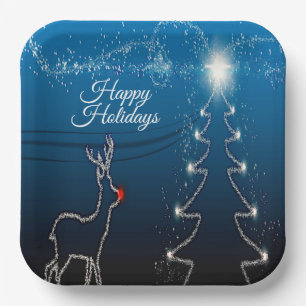 Christmas Party Reindeer Tree Blue Sky Shiny Stars Paper Plates
