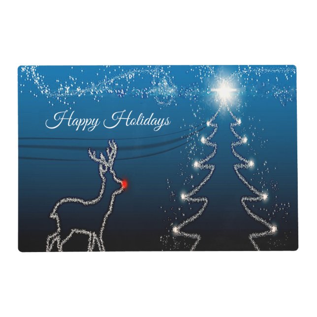Christmas Party Reindeer Tree Blue Sky Shiny Stars Placemat (Front)