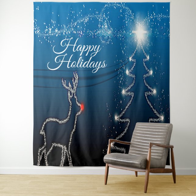 Christmas Party Reindeer Tree Blue Sky Shiny Stars Tapestry (In Situ)