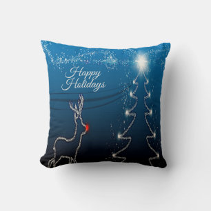 Christmas Party Reindeer Tree Blue Sky Shiny Stars Throw Pillow