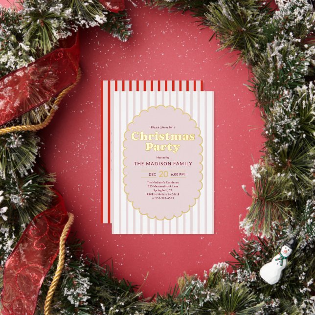 Christmas Party Retro Red Striped Photo Foil Invitation (Insitu)