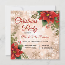 Christmas Party Rose Gold Sparkle Poinsettia  Invitation