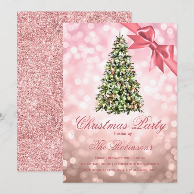Christmas Party Rose Gold Xmas Tree Lights Ribbon  Invitation (Front/Back)