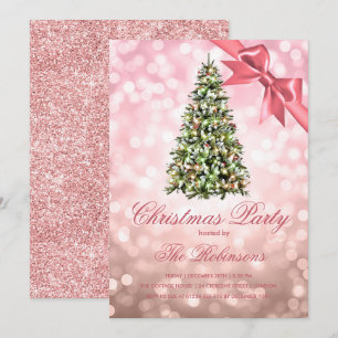 Christmas Party Rose Gold Xmas Tree Lights Ribbon  Invitation