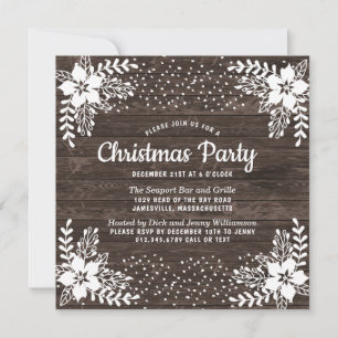 Christmas Party Rustic Country Wood Snow Floral Invitation