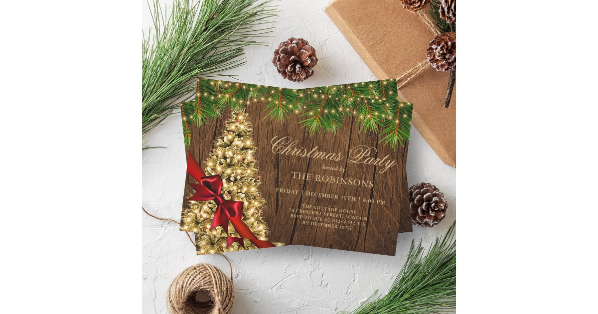 Christmas Party | Rustic Gold Tree & Red Ribbon Invitation | Zazzle