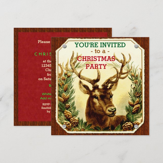 Christmas Party Rustic Reindeer Wood Grain Invitation (Front/Back)
