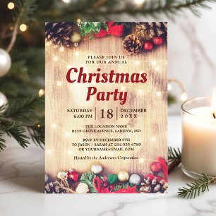 Christmas Party Rustic String Lights Pine Cones Invitation