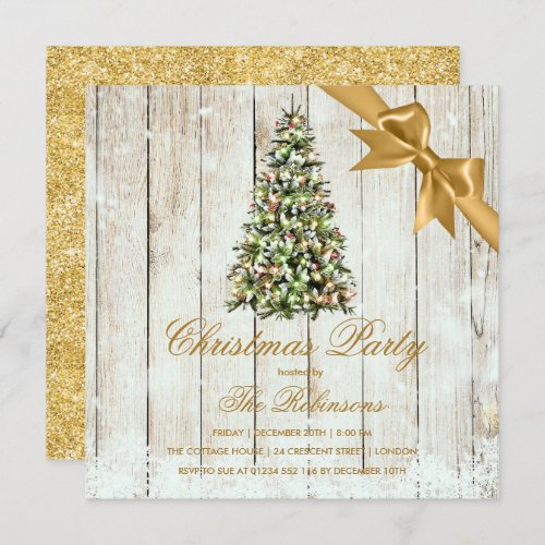 Christmas Party  Rustic Tree  Gold Ribbon Invitation